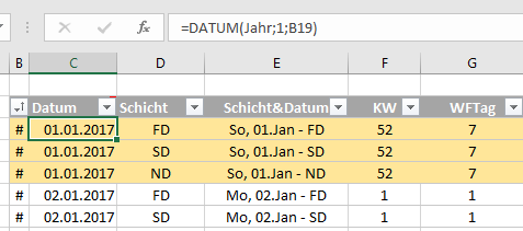 Schichttabelle mit Formeln